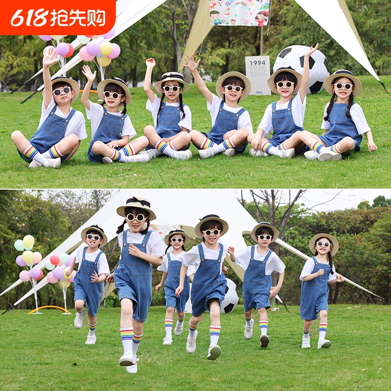 六一儿童演出服男女童幼儿园毕业照班服中小学生啦啦队牛仔背带裤