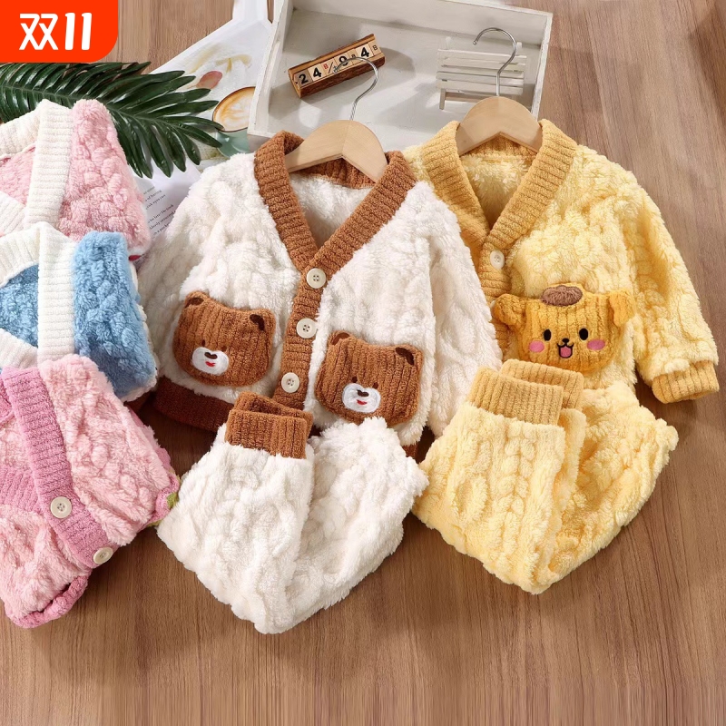 儿童法兰绒睡衣套装男女童加绒秋冬家居服加厚珊瑚绒保暖AA74居家