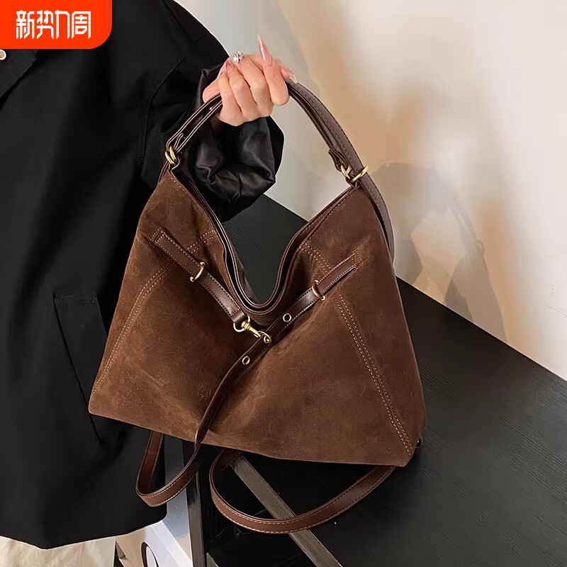 麂皮绒包包女大容量2026新款单肩斜挎通勤托特包双肩背包手提黑色