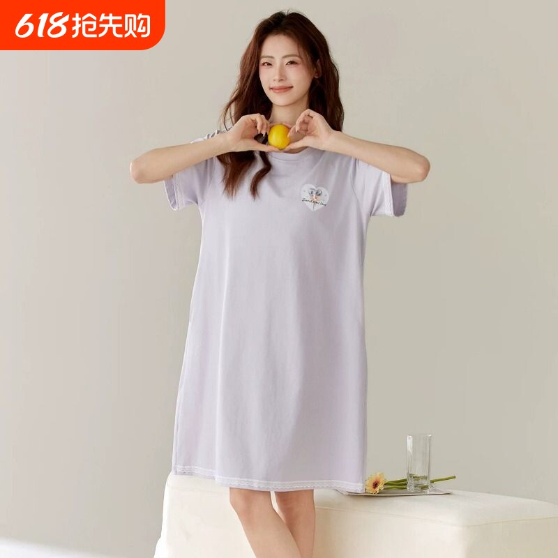 亦绚温柔风纯棉睡裙女夏季短袖可外穿棉甜美爱心印花宽松家居服