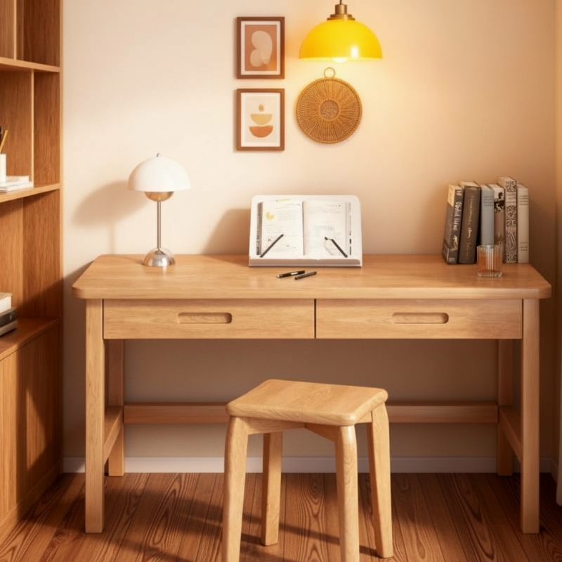 实木书桌家用学习写字桌卧室办公桌简易桌子电脑桌抽屉木桌松木