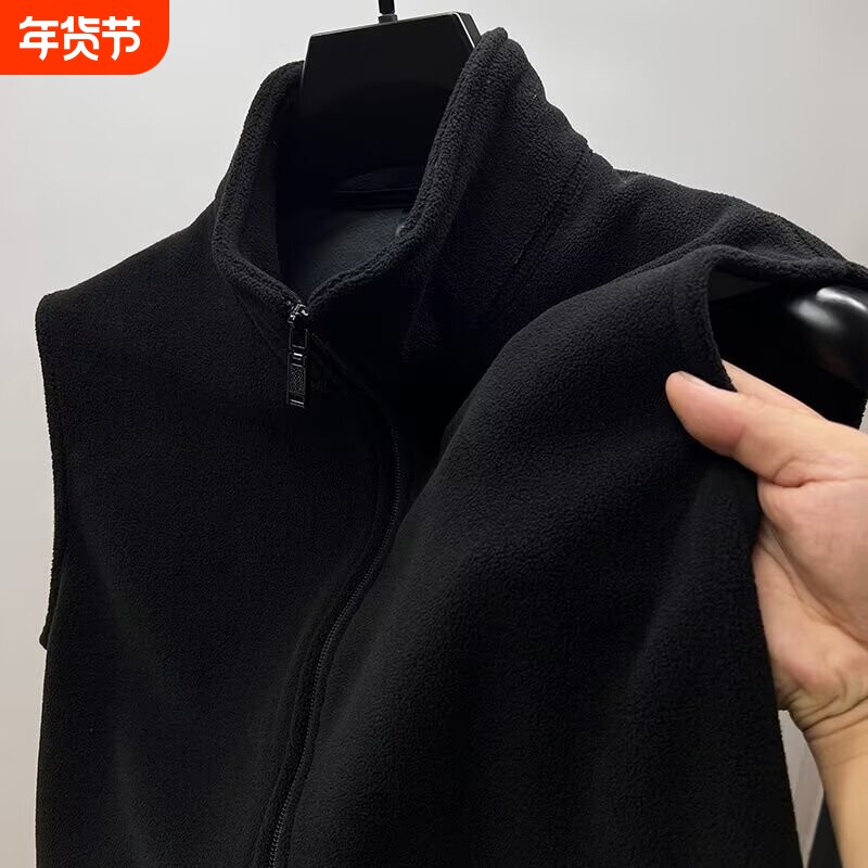 秋冬季宽松大码摇粒绒马甲百搭无袖背心纯色拉链外套立领流行蓝色