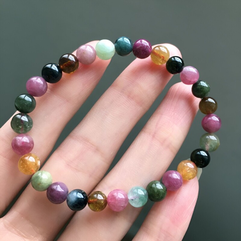 老料碧玺手链单圈多圈正品老矿彩虹色珠子散珠串珠手串女三圈
