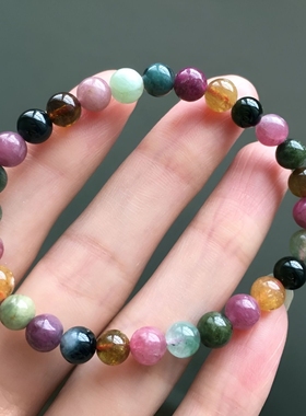 老料碧玺手链单圈多圈正品老矿彩虹色珠子散珠串珠手串女三圈