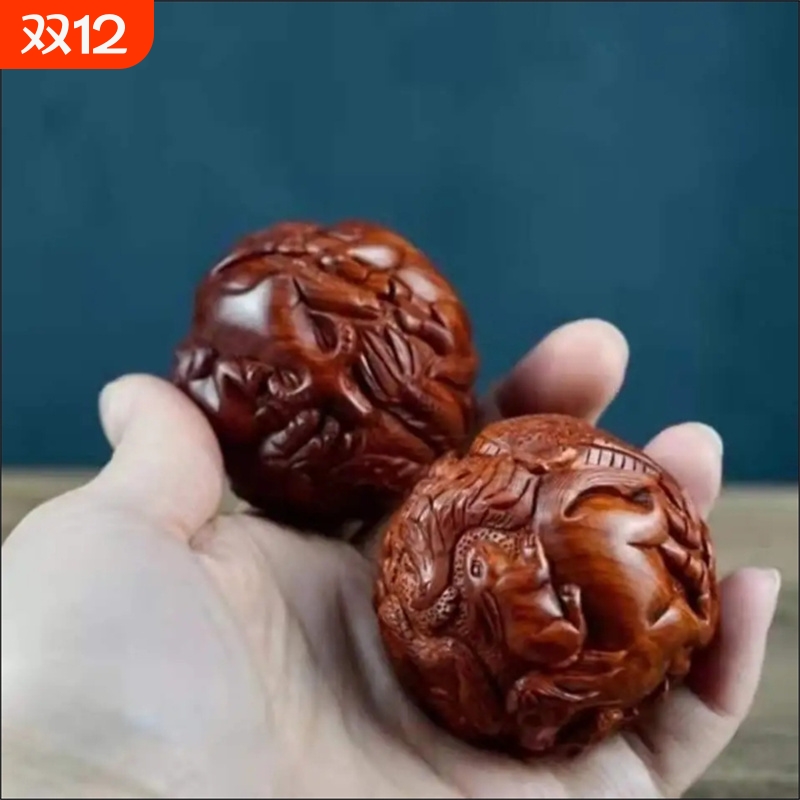 精品老挝黄花梨十二生肖保健球手球按摩球雕刻文玩健身实木手把件