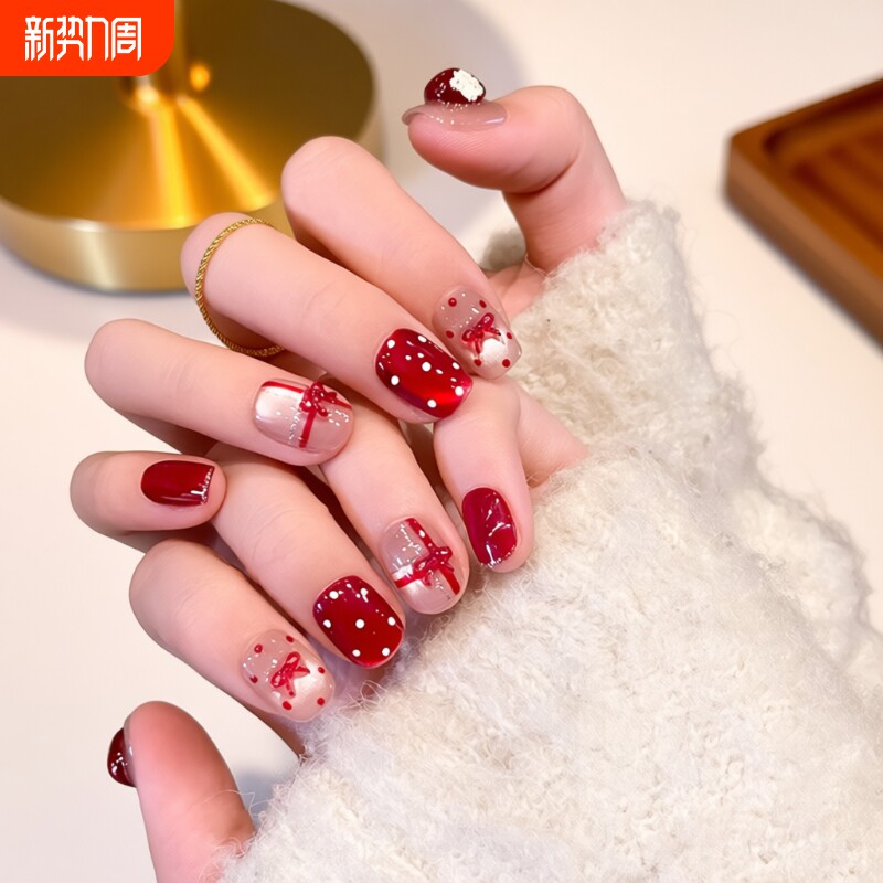 秋冬显白波点穿戴甲短款美甲贴片红色法式中长款粉色椭圆带钻速干