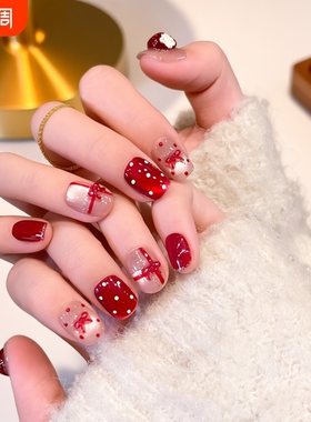 秋冬显白波点穿戴甲短款美甲贴片红色法式中长款粉色椭圆带钻速干
