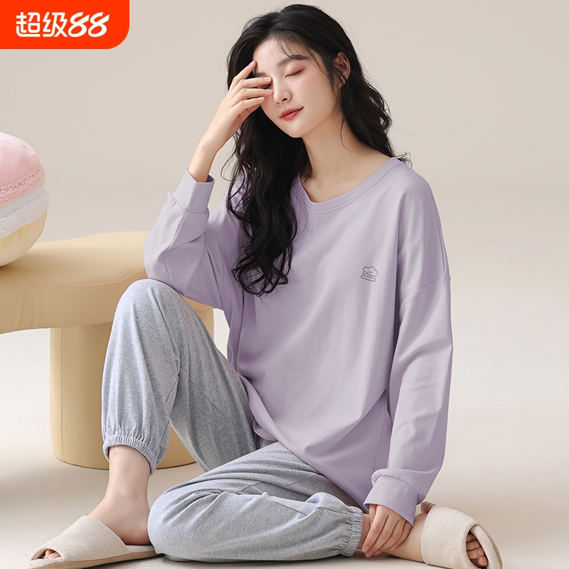 月子服带胸垫产后棉质秋冬款圆领套头喂奶哺乳产妇孕妇睡衣家居服