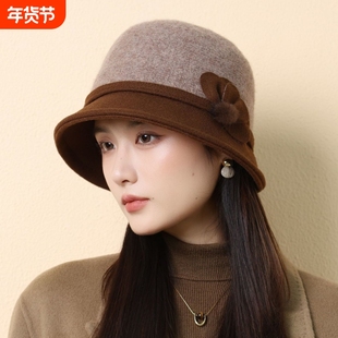 中老年秋冬季时尚百搭羊毛呢渔夫帽子女复古礼帽盆帽黑色花朵咖色