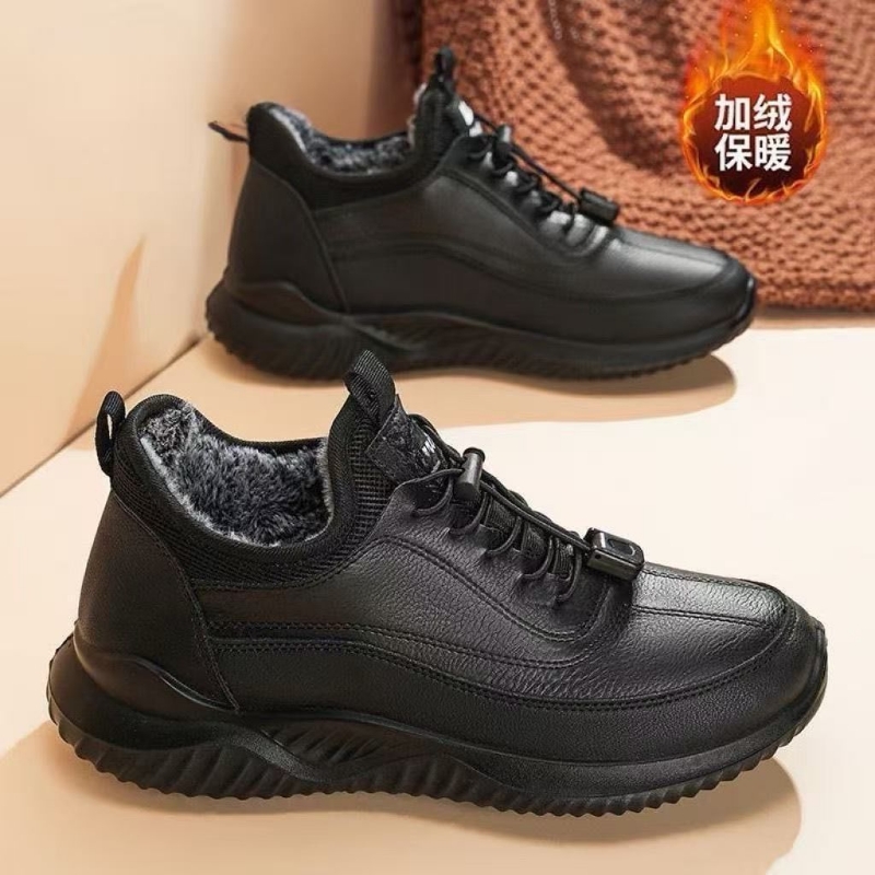 2025男鞋运动鞋秋冬季加绒加厚保暖棉鞋黑色皮面防水休闲老北京
