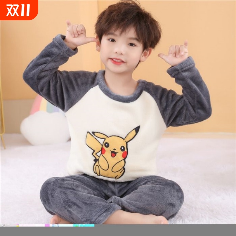2025新款男童法兰绒睡衣秋冬季加绒加厚中大童男孩儿童珊瑚绒套装