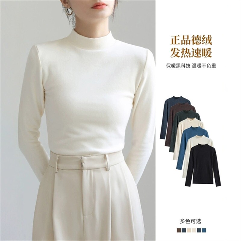 德绒半高领打底衫女秋冬白色内搭加厚小立领长袖t恤保暖上衣科学
