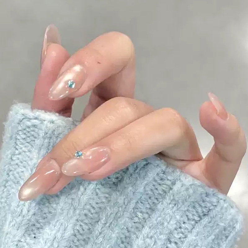 手工杏仁穿戴美甲贴片清透裸小钻简约气质冰透显白夏日百搭假指甲