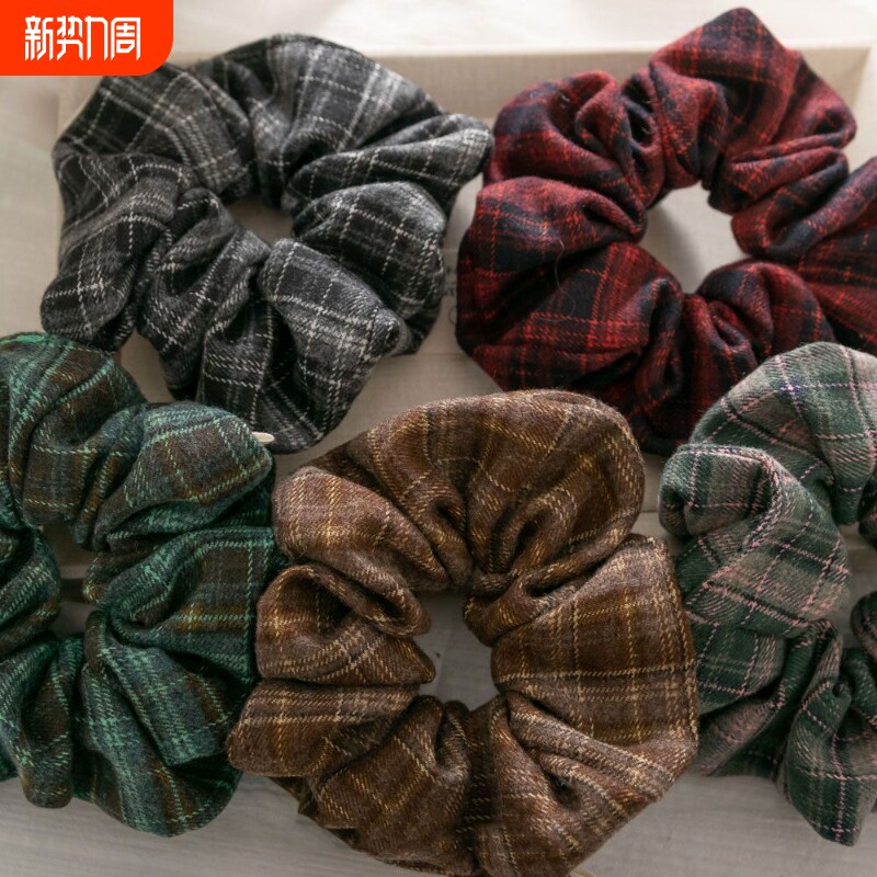 法式美格纹格子布艺大肠发圈发绳韩国发饰女绿色红色咖色黑色粉色