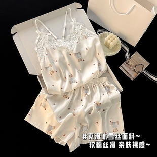 可外穿家居服 睡衣女夏季 吊带无袖 2025新款 冰丝绸卡通小熊夏天薄款