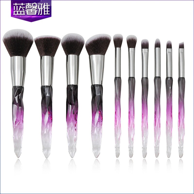新款10支玻璃钻石塑胶柄化妆刷套装 透明水晶眼部粉底刷彩妆工具