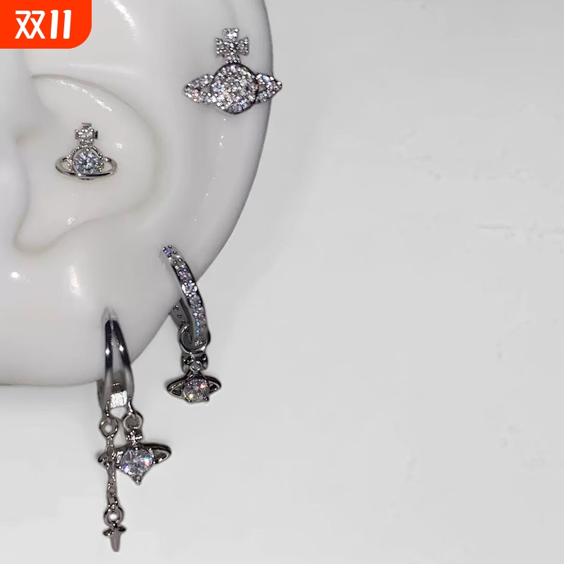 溪御超闪土星四件套耳骨钉钛钢甜美闪钻爱心耳圈叠带小众耳钉耳环