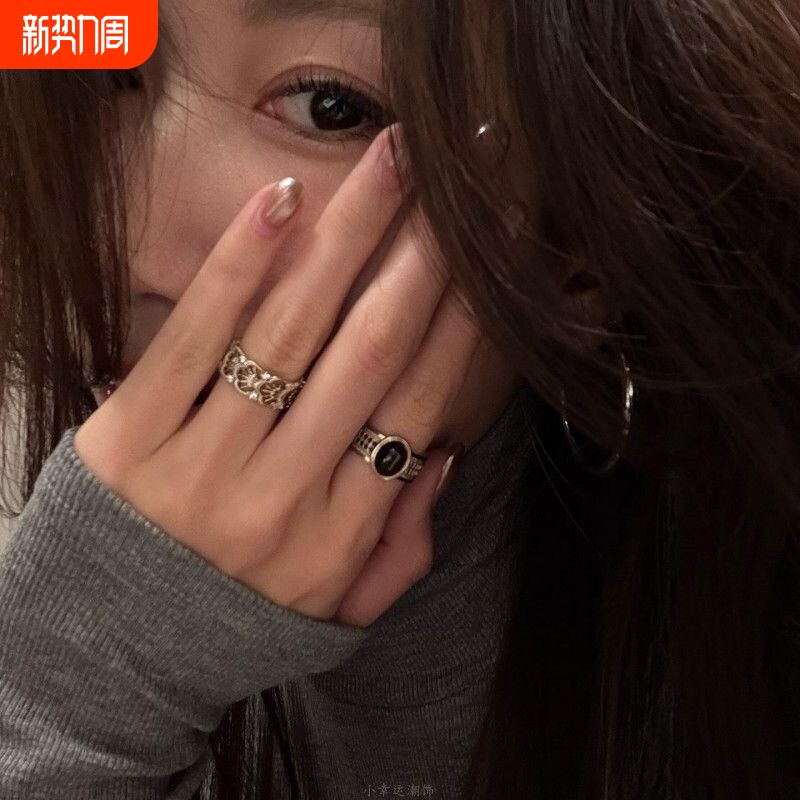 复古仿虎眼石雕花戒指女轻奢高级感精致开口食指戒小众设计感指环