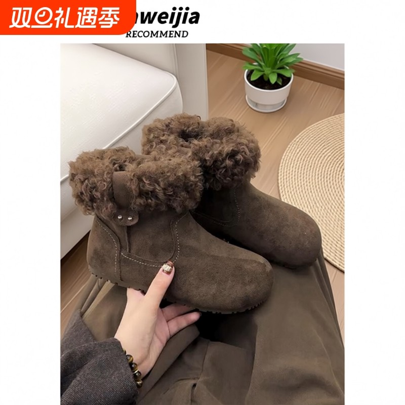 牛皮版~冬季羊羔毛内增高雪地靴女加绒保暖防滑勃肯靴子羊毛棕色