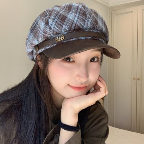 显脸小英伦风格纹毛呢八角帽黑复古贝雷帽女画家报童帽子格子冬季