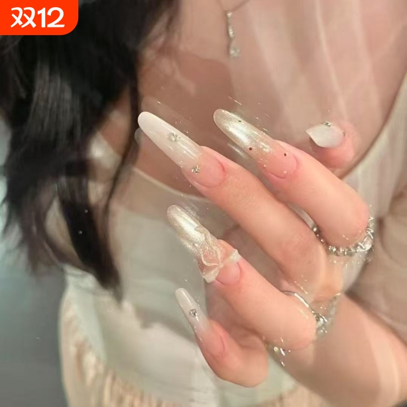 富家千金纯手工高级限定夏日气质水光蝴蝶结猫眼显白美甲穿戴长尖