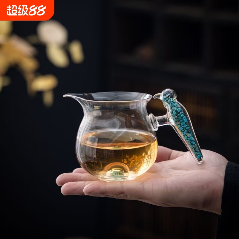 绿松石小鸟公道杯水晶玻璃带手柄加厚分茶器小众高级感耐高温轻奢