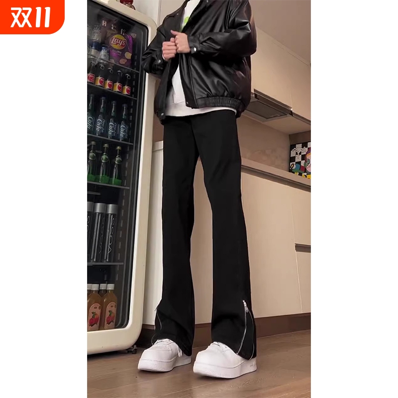 黑色侧边徒步牛仔裤男春秋季拉链高个子长裤子休闲不贴腿微喇裤潮