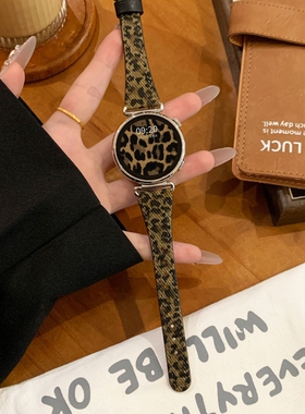 适用华为手表GT6表带新款watchgt5pro豹纹细款皮质高级gt3/2女款gt4watch4韩系秋冬huawei智能运动配件