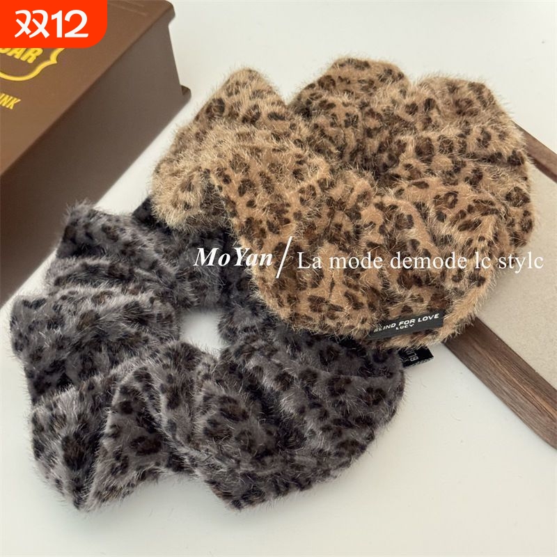 秋冬灰咖豹纹毛绒大肠发圈复古简约大号头花低马尾发绳气质扎头绳