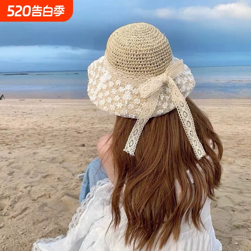 草帽女日系蕾丝草编帽子夏季出游防晒帽大檐沙滩遮阳帽大帽檐花边