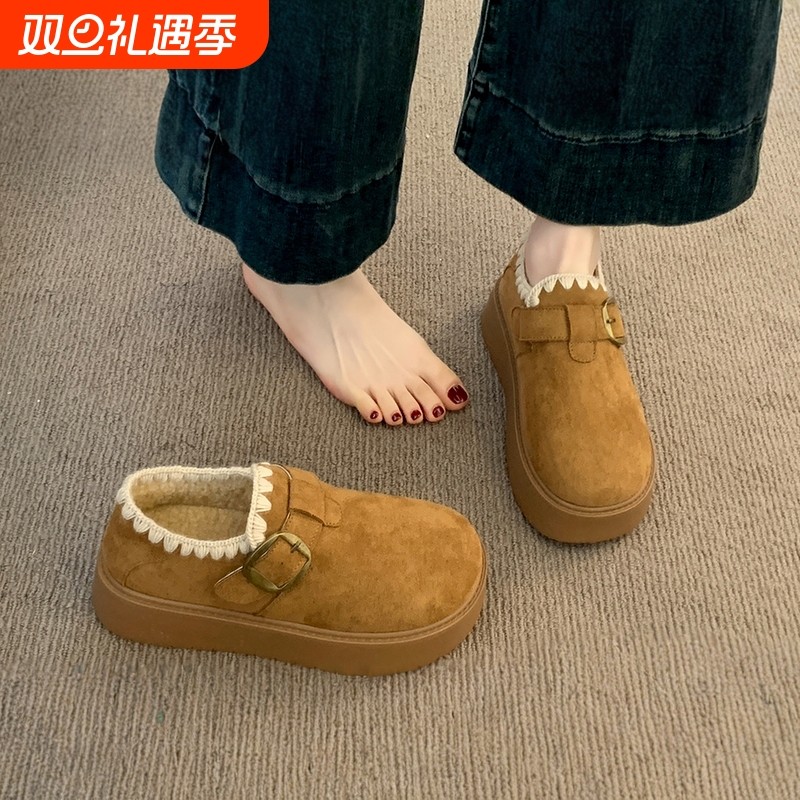 厚底加绒勃肯鞋女2025新款秋冬季豆豆乐福鞋保暖雪地靴低帮棉鞋子