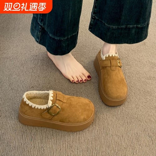 厚底加绒勃肯鞋女2025新款秋冬季豆豆乐福鞋保暖雪地靴低帮棉鞋子