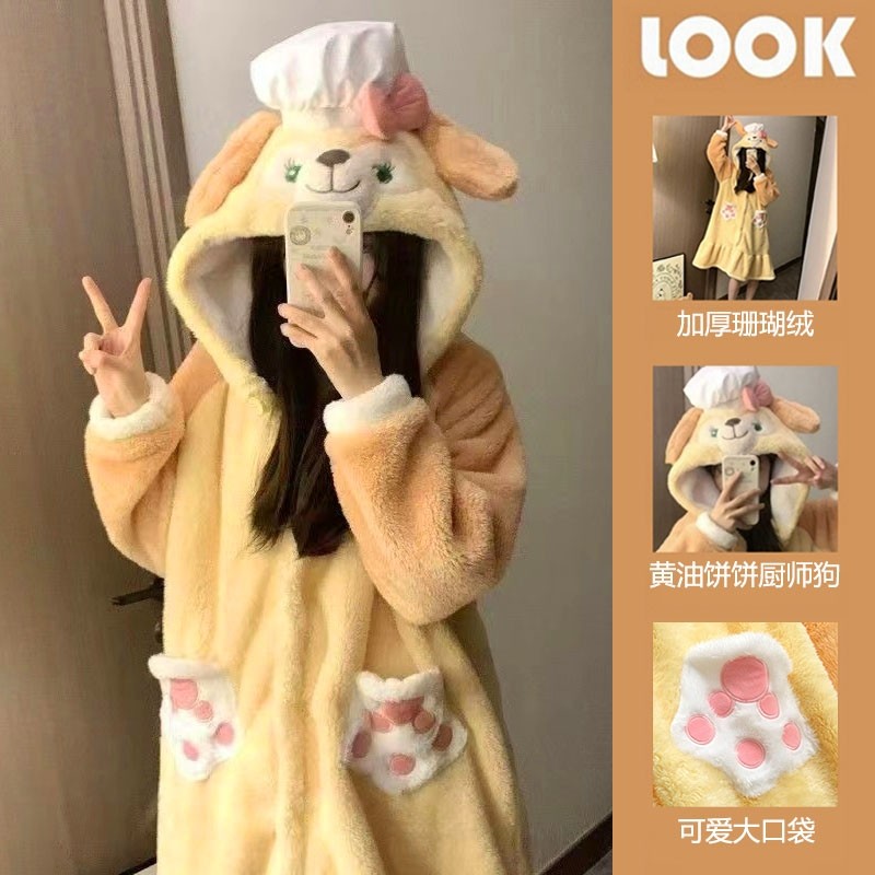 黄油饼饼珊瑚绒睡衣秋冬款女2025新款冬季厚睡裙厨师狗睡袍家居服