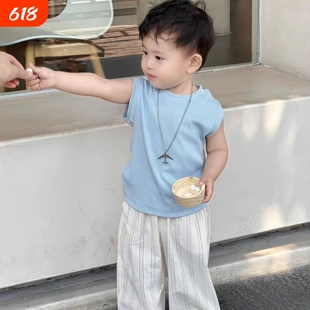 男童夏季条纹防蚊裤蓝色背心套装男宝宝夏装无袖上衣长裤子儿童装
