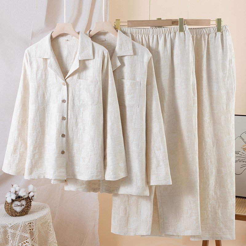 简约纯色棉麻睡衣情侣款春秋夏季薄款男女士家居服套装可外穿长袖