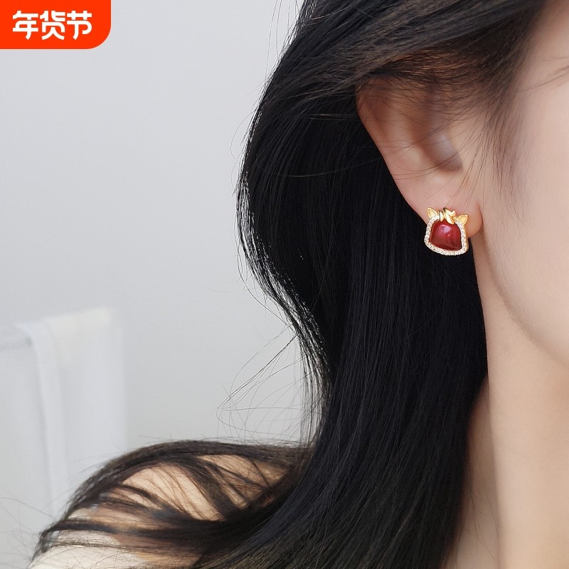 s925纯银新年小马耳钉女红玛瑙本命年马生肖耳钉精致高档送礼物