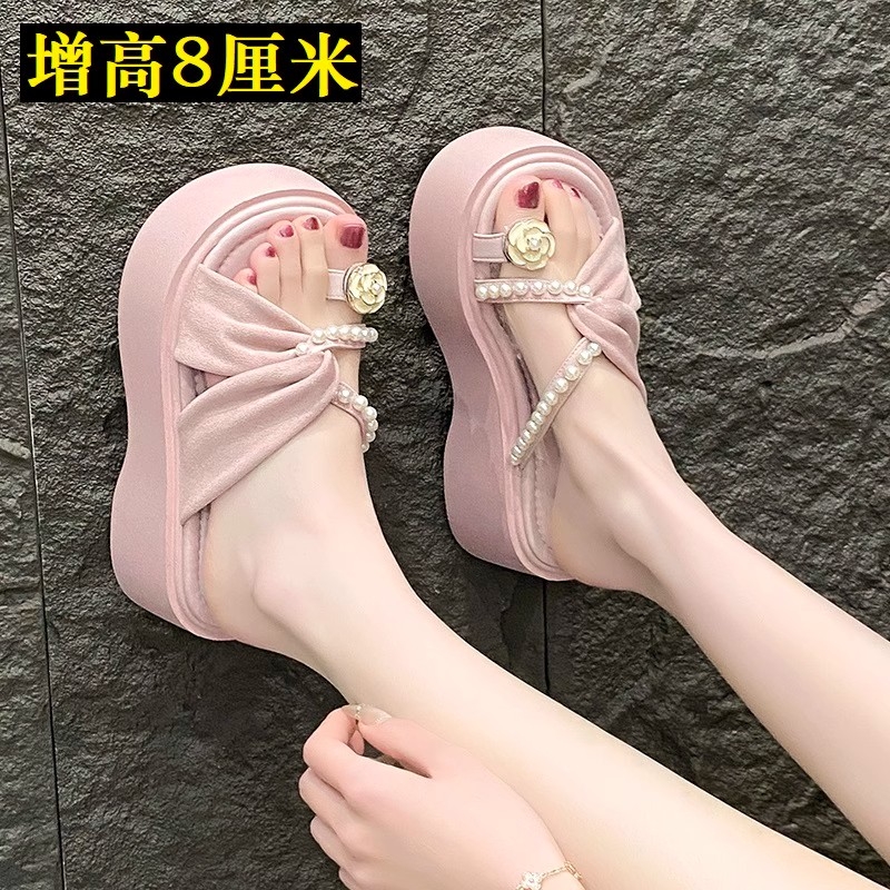 套趾仙女风沙滩凉拖鞋女外穿2025夏新款百搭高级感珍珠凉拖黑色