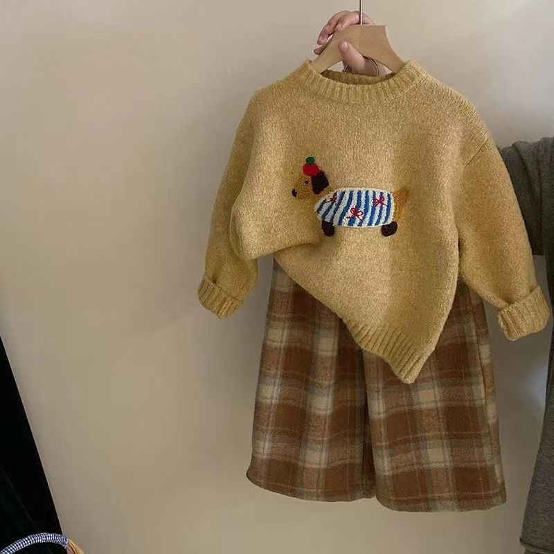 女童秋冬儿童宝宝针织毛衣套装2025新款卡通加绒加厚格子裤两件套