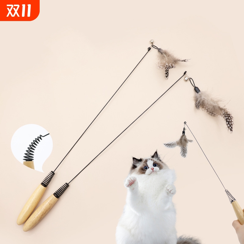 T逗猫棒B1pn0-木柄弹簧逗猫棒羽毛铃铛可拆卸替换头长杆猫玩具