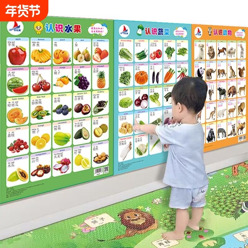 撕不烂防水宝宝认知挂图认识数字车辆植物看图识字水果儿童早教无声学