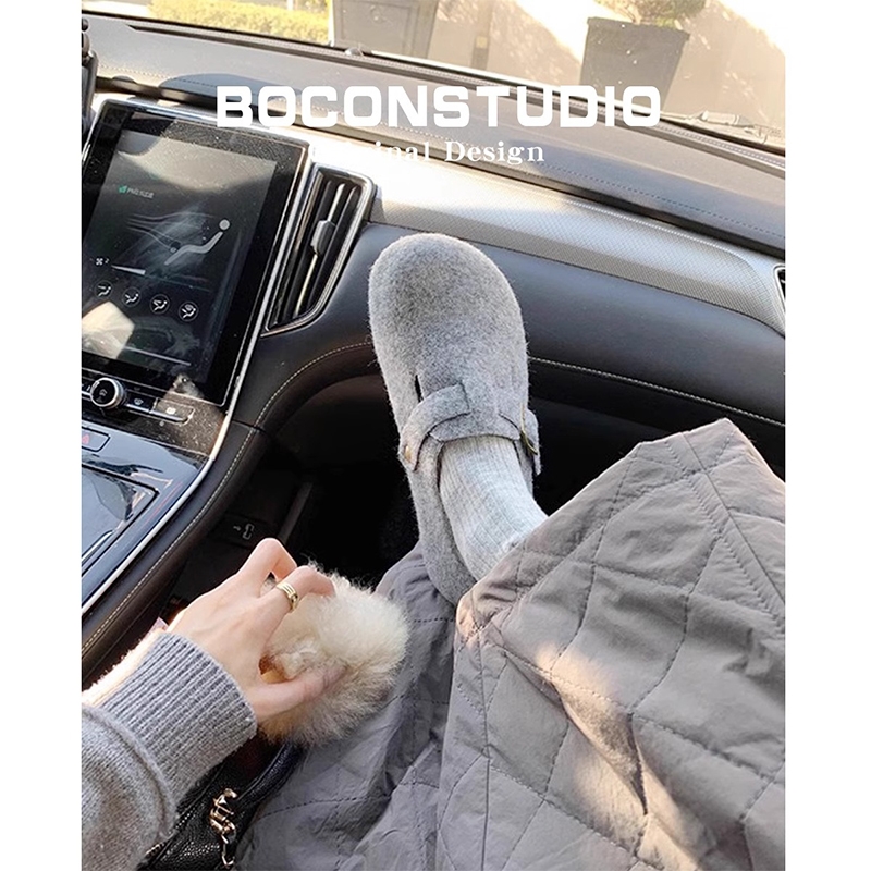 叁叔家~内增高勃肯鞋女加绒秋冬保暖毛毛半拖外穿厚底博肯鞋灰色