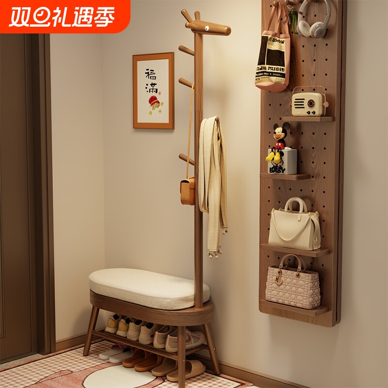 实木小鹿换鞋凳挂衣架一体家用门口可坐鞋柜穿鞋进门凳入户衣帽架