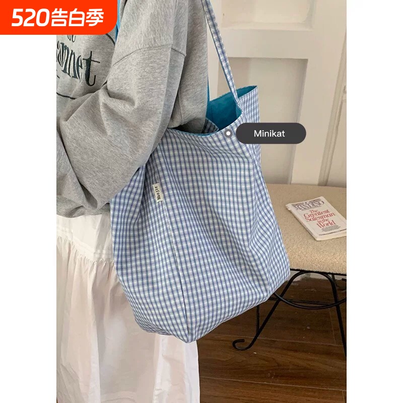 学院风格子帆布包包女2026新款潮时尚韩版托特包休闲大容量购物袋