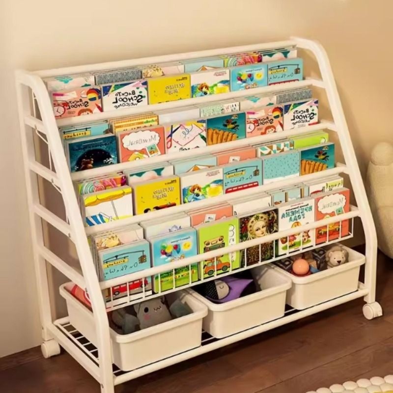 儿童书架置物架落地多层绘本架玩具收纳架家用简易书柜可移动带轮