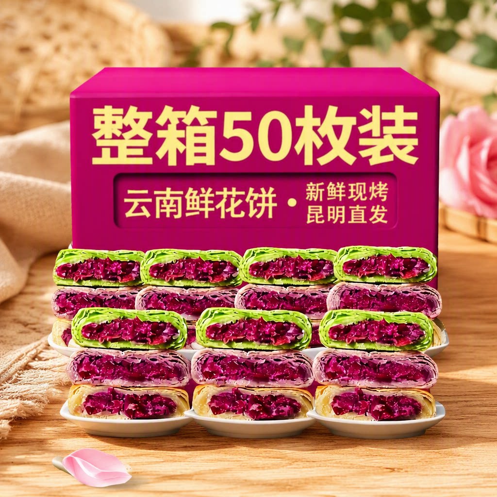 鲜花饼云南特产零食40枚玫瑰抹茶糕点心休闲食品小吃紫薯现烤酥皮