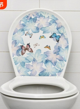 MT34024蓝色花朵家用马桶盖贴纸厕所卫生间装饰防水墙贴浴室贴画