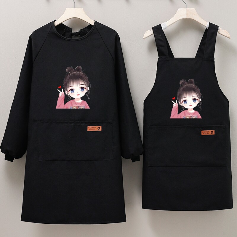 新款时尚围裙帆布罩衣女家用厨房防油做饭长袖餐饮上班工作服印字