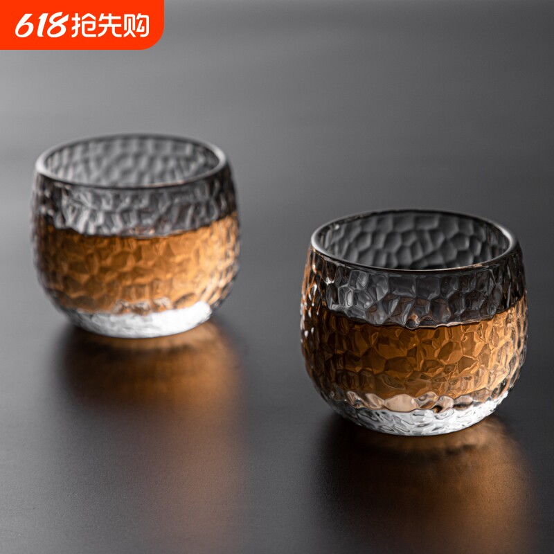 茶具水晶玻璃杯茶杯专柜日式双层手工耐热不烫手隔热单杯锤纹冰川