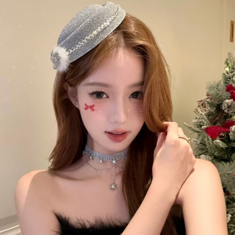 JUNWEI闪钻银色雪花小礼帽发夹女圣诞节cos头饰短发长发红色法式