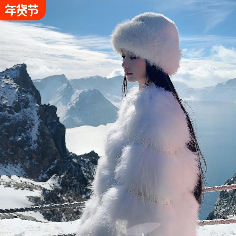 2025新款白色仿皮草渔夫帽子女冬季显脸小加厚保暖盆帽灰色黑色